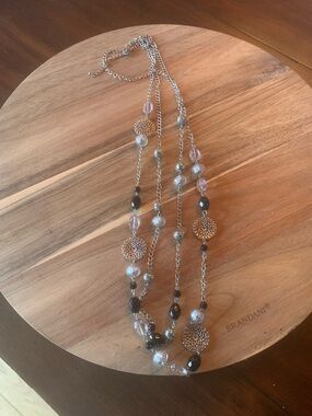 Long Layered Silver Necklace with Black and Clear Beads - adjustable up to 21”
